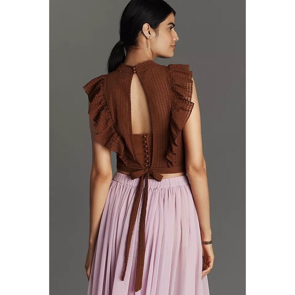 Anthropologie Maeve Brown Ruffle Back Tie Blouse